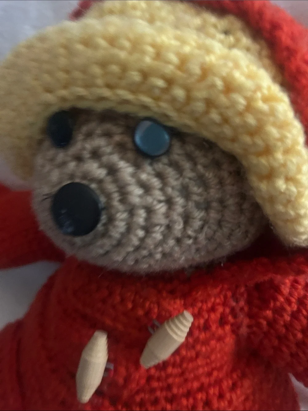 Handmade Crochet Bear in Red Coat with Yellow Hood - Plush Kids Toy